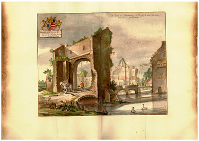 802107 Gezicht op de Gildpoort te Utrecht (stadszijde) met rechts een poortgebouw met ophaalbrug en dubbele boogbrug ...